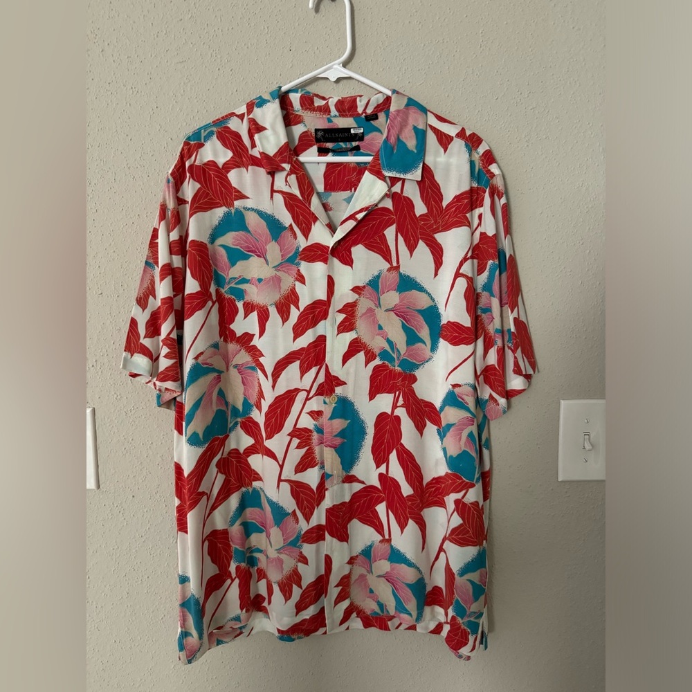 All Saints Red and Blue Casual Button Down Shirt with Floral Design